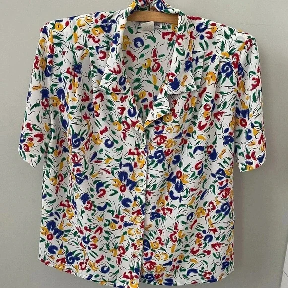 Vintage: Petite Impressions 90s Colorful White Floral Button Up - Size 4 - Picture 1 of 16